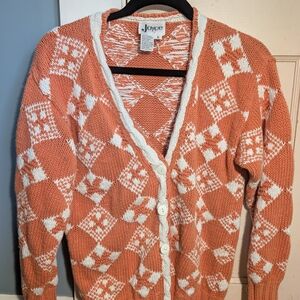 Vintage Orange and White Nordic Pattern Cardigan Sweater